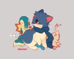  artist_name berry_(pokemon) blue_scarf blush breath_weapon brown_eyes closed_eyes commentary cyndaquil feeding fire food fruit full_body grey_background highres holding holding_food holding_fruit looking_back lying mew_mew_chikorita_moon no_humans open_mouth oran_berry pokemon pokemon_(creature) quilava scarf signature simple_background standing 