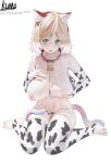  1girl absurdres alternate_breast_size_(larger) alternate_costume animal_print arknights bell bikini blonde_hair breasts chinese_commentary cleavage commentary_request cow_print cow_print_bikini cow_print_sleeves cow_print_thighhighs cowbell detached_sleeves feet full_body green_eyes highres huge_breasts kumo_(pixiv_70871850) lactation long_sleeves mousse_(arknights) multicolored_hair multiple_tails navel neck_bell nipples open_mouth print_bikini print_thighhighs short_hair signature simple_background sitting solo stirrup_legwear streaked_hair swimsuit tail thighhighs toeless_legwear toes two_tails wariza watermark web_address white_background white_hair 