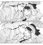  1boy 1girl :3 ^_^ absurdres blush boqta closed_eyes closed_mouth commentary_request fur-trimmed_headwear fur_trim greyscale hat highres husband_and_wife jewelry kiss kissing_cheek korean_commentary mongolian_clothes monochrome natasha_thetis open_clothes profile robe short_hair smile sorghaghtani_(tenmaku_no_jaadugar) tenmaku_no_jaadugar tolui_(tenmaku_no_jaadugar) upper_body v-shaped_eyebrows veil 