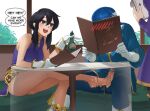  1boy 2girls :d alternate_costume assertive_female barefoot belt black_hair blush booth_seating boots breasts commission commissioner_upload covering_face english_text erection feet fire_emblem fire_emblem:_genealogy_of_the_holy_war fire_emblem_awakening footjob footjob_under_table gloves headband hetero holding holding_menu larcei_(fire_emblem) long_hair looking_at_another maple_syrup medium_breasts menu multiple_girls nail_polish pantyhose penis penis_out precum public_indecency purple_tunic restaurant seliph_(fire_emblem) short_hair sidelocks sinccubi sitting sleeveless smile speech_bubble spread_legs stealth_footjob stealth_sex syrup table tharja_(fire_emblem) toes tomboy tunic under_table waitress white_headband 