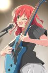  1girl absurdres black_shirt blush bocchi_the_rock! commentary electric_guitar green_eyes guitar hair_between_eyes highres holding holding_guitar holding_instrument holding_plectrum instrument kita_ikuyo long_hair microphone microphone_stand one_eye_closed one_side_up open_mouth playing_guitar playing_instrument plectrum red_hair shirt short_sleeves sim_evo simple_background singing skirt smile solo stage stage_lights tongue white_skirt 