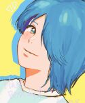  1boy alan_pascal blue_eyes blue_hair captain_tsubasa closed_mouth commentary_request looking_at_viewer male_focus portrait saru_bannu shirt short_hair smile solo white_shirt yellow_background 