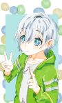  1boy absurdres blue_background blue_eyes border bright_pupils closed_mouth collarbone commentary_request double_v drawstring fingernails green_jacket grey_shirt hair_between_eyes hands_up highres hood hood_down hooded_jacket jacket light_blush long_sleeves looking_at_viewer male_focus open_clothes open_jacket outside_border shirt short_hair sidelocks smile solo tibisuke totsuka_saika trap upper_body v white_border white_hair white_pupils yahari_ore_no_seishun_lovecome_wa_machigatteiru. 