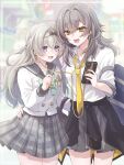  2girls alternate_costume arm_around_another's_waist bag bare_legs blue_eyes blush bow brooch brown_sailor_collar buttons cellphone clothes_around_waist collarbone commentary_request double-breasted duffel_bag earphones firefly_(honkai:_star_rail) firefly_(spring_missive)_(honkai:_star_rail) gradient_eyes green_bow grey_hair grey_skirt hair_between_eyes hairband hand_up highres holding holding_phone honkai:_star_rail honkai_(series) jacket jacket_around_waist jewelry long_hair long_sleeves loose_necktie medium_hair multicolored_eyes multiple_girls name_tag necktie official_alternate_costume open_mouth partially_unbuttoned phone pink_eyes plaid_clothes plaid_skirt sailor sailor_collar shared_earphones shirt signature skirt smartphone smile soranonokumo stelle_(honkai:_star_rail) trailblazer_(honkai:_star_rail) white_shirt wing_brooch yellow_eyes yellow_necktie 