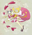  1girl arch_bishop_(ragnarok_online) black_shoes blue_eyes blush brown_hair cleavage_cutout clothing_cutout commentary_request cross dormir_(challco) dress fishnet_thighhighs fishnets frilled_thighhighs frills full_body grey_background hair_ornament heart heart_hair_ornament holding holding_staff juliet_sleeves leaning_forward long_sleeves looking_at_viewer open_mouth puffy_sleeves ragnarok_online running sash shoes short_hair solo staff thighhighs two-tone_dress white_dress white_thighhighs yellow_sash 