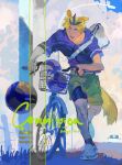  1boy absurdres animal_ears bag ball bicycle bike_shorts bike_shorts_under_shorts blonde_hair car commentary commission dazuzuzu english_commentary grass haikyuu!! highres koganegawa_kanji male_focus motor_vehicle multicolored_hair open_mouth outdoors road shirt shorts solo tail two-tone_hair vgen_commission volleyball_(object) yellow_eyes 