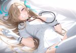  1girl absurdres alternate_costume aqua_eyes aqua_halo aqua_ribbon asuna_(blue_archive) black_choker blonde_hair blue_archive blush breasts choker commentary_request elbow_gloves eyes_visible_through_hair garter_straps gloves grin hair_over_one_eye hair_ribbon hair_spread_out halo highres kunimine_yuzuki large_breasts long_hair looking_at_viewer lying nurse ribbon short_sleeves smile solo stethoscope_around_neck thighhighs very_long_hair white_garter_straps white_gloves white_thighhighs 