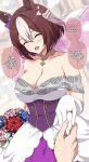  1girl 1other absurdres animal_ears bare_shoulders blush bouquet bow braid breasts bridal_veil bride brown_hair cleavage closed_eyes collarbone commentary detached_collar dress ear_bow ear_ribbon english_commentary english_text flower half_up_braid highres holding holding_bouquet horse_ears horse_girl jewelry large_breasts multicolored_hair off-shoulder_dress off_shoulder open_mouth purple_bow ring sheita short_hair smile special_week_(umamusume) speech_bubble two-tone_hair umamusume veil wedding wedding_dress wedding_ring white_dress white_hair 