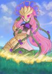  1girl absurdres arm_armor armor ass blue_sky boobplate breasts butt_crack ceresmon ceresmon_medium cleavage cloud commentary day digimon digimon_(creature) english_commentary flower full_body gloves green_gloves hand_up highres large_breasts long_hair looking_at_viewer mask monster_girl murasaki_(julymurasaki) outdoors pink_hair plant plant_girl purple_eyes purple_flower purple_mask purple_rose revealing_clothes rose sidelocks signature sky smile solo twitter_username very_long_hair vines yellow_mask 