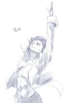  1boy abs arm_up belt collared_shirt commentary_request cross-laced_clothes english_text evil_smile fingernails hair_slicked_back hand_up looking_ahead male_focus michael_roa_valdamjong monochrome navel open_hand pants pectorals sharp_fingernails shirt sketch sleeve_cuffs smile solo tsukihime tsukihime_(remake) tsukiri_project wind wind_lift wing_collar 