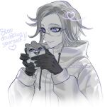  1boy aotsuki_eito black_gloves commentary creature drawstring dual_persona english_commentary english_text evil_grin evil_smile eyelashes glasses gloves grey_hair grin heart holding holding_creature jacket looking_at_another majonoatelier male_focus purple_eyes short_hair smile the_hundred_line_-last_defense_academy- twitter_username upper_body white_background white_jacket 