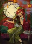  1girl beret black_ribbon black_shoes blue_eyes bow braid brown_bow collared_shirt commentary_request couch cup green_hat green_skirt green_vest hair_bow hat hat_ornament highres holding holding_smoking_pipe hong_meiling kiseru long_hair looking_at_viewer mimino_courou neck_ribbon on_couch open_mouth red_hair ribbon saucer shirt shoes sitting skirt smile smoke smoking smoking_pipe solo star_(symbol) star_hat_ornament tea teacup teapot touhou twin_braids vest white_shirt 