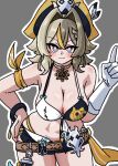  1girl armband bikini black_shorts bracelet breasts brown_hair cleavage commentary_request gloves grey_eyes hair_intakes hat highres honkai_(series) honkai_impact_3rd jewelry large_breasts looking_at_viewer medium_hair micro_shorts midriff mokkyo_(motkyo) multicolored_bikini multicolored_hair official_alternate_costume orange_armband orange_streaks pink_pupils pirate_hat shorts simple_background single_glove smile solo streaked_hair swimsuit thighs two-tone_bikini two-tone_hair vill-v vill-v_(i'm_the_storm) white_gloves 