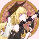  2girls absurdres animal_ear_piercing animal_ears arknights bang_dream! bang_dream!_it's_mygo!!!!! black_dress black_gloves black_hat blonde_hair chain commission detached_sleeves dog_ears dog_girl dog_tail dress ediun gloves hand_on_another's_cheek hand_on_another's_face hat highres holding holding_leash leash mihuashi_commission misumi_uika misumi_uika_(caged_singer) multiple_girls open_mouth purple_eyes revision solo_focus tail togawa_sakiko togawa_sakiko_(master_of_melodia) upper_body yellow_gloves yuri 