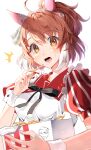  1girl ahoge animal_ears black_bow blush bow breasts brown_eyes brown_hair checkered_ribbon commentary_request dantsu_flame_(umamusume) dress ear_covers ear_ribbon employee_uniform fast_food_uniform food french_fries hair_between_eyes hairband highres holding horse_ears horse_girl kfc large_breasts looking_at_viewer metaninjin multicolored_hair official_alternate_costume open_mouth pink_hairband puffy_sleeves red_dress solo sweatdrop teeth umamusume upper_body white_hair white_wrist_cuffs wrist_cuffs 