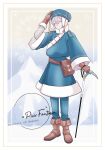  1boy blue_hat boots brown_boots brown_gloves cherish-228 coat commentary_request copyright_name gloves grey_eyes hair_between_eyes hand_on_cane hand_up hat male_focus olivio_(mountain_of_heaven) outdoors pants pixiv_fantasia pixiv_fantasia_mountain_of_heaven pouch solo white_hair 
