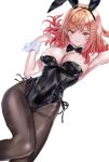  1girl absurdres ahoge animal_ears armpits bare_shoulders black_bow black_bowtie black_hairband black_leotard blush bow bowtie breasts brown_pantyhose cleavage closed_mouth covered_navel detached_collar full_cleavage gradient_hair hair_intakes hair_ornament hairband hairclip highres hololive hololive_dev_is ichijou_ririka large_breasts leotard long_hair looking_at_viewer momi_chan multicolored_hair pantyhose pink_eyes pink_hair pink_lips playboy_bunny plunging_neckline rabbit_ears simple_background solo strapless strapless_leotard thighs uni_(ichijou_ririka) virtual_youtuber white_background white_wrist_cuffs wrist_cuffs 