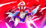  arms_up blue_hair boots bow cross-laced_footwear highres hinanawi_tenshi knee_boots long_hair looking_at_viewer nekominase open_mouth puffy_sleeves red_eyes shirt short_sleeves skirt solo sword_of_hisou touhou very_long_hair 