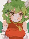  1girl :q breasts brown_eyes chinese_clothes closed_mouth commentary dated draco_centauros dragon_girl dragon_horns dragon_wings dress elbow_gloves gloves green_hair grey_background han_(hn-khk) highres horns large_breasts looking_at_viewer pointy_ears puyopuyo puyopuyo_20th_anniversary qipao red_dress short_hair simple_background sleeveless sleeveless_dress smile solo tongue tongue_out twitter_username upper_body v-shaped_eyebrows watermark white_gloves wings 