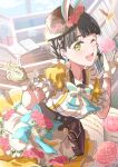  1girl :d ;d absurdres animal_ear_headwear animal_ears black_hair bookshelf braid breasts brown_hat citrusmikan collarbone commentary_request cowboy_shot fake_animal_ears finger_gun flower fushigi_to_kimi_to_library gloves green_eyes hat hat_flower highres holding holding_pocket_watch indoors looking_at_viewer love_live! love_live!_hasu_no_sora_jogakuin_school_idol_club low_twin_braids medium_breasts momose_ginko one_eye_closed open_mouth pink_flower pinstripe_sleeves pocket_watch puffy_short_sleeves puffy_sleeves rabbit_ear_headwear rabbit_ears shirt short_hair short_sleeves skirt smile solo twin_braids virtual_youtuber watch white_gloves white_shirt yellow_skirt 