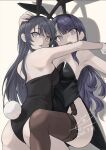  2girls animal_ears armpits arms_around_neck ass bare_arms bare_legs bare_shoulders black_leotard black_thighhighs breasts cleavage commentary_request dated esw_artca fake_animal_ears garter_straps grey_eyes grey_hair hair_ornament hairclip hand_on_another's_head izayoi_arisa large_breasts leg_up leotard looking_at_viewer looking_back multiple_girls open_mouth parallel_hairclips playboy_bunny purple_eyes purple_hair rabbit_ears rabbit_tail sakurajima_mai seishun_buta_yarou signature sono_bisque_doll_wa_koi_wo_suru standing standing_on_one_leg surprised tail tailcoat_playboy_bunny thighhighs trait_connection wrist_cuffs 