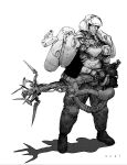  1boy armor armored_collar artist_name black_sleeves cable dithering faux_traditional_media helmet highres holding holding_weapon light_frown looking_at_viewer mechanical_arms monochrome mykell_pledger original pauldrons science_fiction shoulder_armor single_mechanical_arm solo_focus standing weapon white_background 