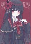  1girl armband black_capelet black_hair black_shirt black_skirt capelet closed_mouth collared_shirt commentary_request crown flower gloves hair_flower hair_ornament highres layered_skirt long_hair long_sleeves looking_at_viewer mahou_shoujo_no_majo_saiban mini_crown necktie nikaido_hiro overskirt plaid_clothes plaid_necktie plaid_skirt pleated_skirt red_armband red_background red_eyes red_flower red_necktie red_skirt shirt side_capelet skirt solo tkugane upper_body white_gloves white_shirt 