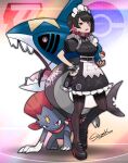  1girl absurdres apron black_dress black_hair black_pantyhose black_shoes dark_type_theme_(pokemon) dress ellen_joe fins fish_tail hand_on_own_hip highres looking_at_viewer maid maid_apron maid_headdress mole mole_under_eye multicolored_hair nail_polish open_mouth pantyhose poke_ball poke_ball_(basic) pokemon pokemon_(creature) red_hair red_nails shark_girl shark_tail sharpedo shoes short_hair siczak tail two-tone_hair weavile white_apron white_headdress white_wrist_cuffs wrist_cuffs zenless_zone_zero 