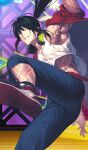  1boy arm_tattoo armpits black_hair blue_pants chest_tattoo commentary_request cowboy_shot dynamic_pose fate/grand_order fate_(series) floating_clothes full-body_tattoo game_asset green_eyes grin hair_between_eyes headphones headphones_around_neck jacket lapels leg_tattoo long_hair male_focus motion_blur official_art pants partial_commentary pectoral_cleavage pectorals ponytail red_jacket shima_udon shoes sidelocks sleeves_rolled_up smile sneakers solo tank_top tattoo third-party_source toned toned_male white_tank_top yan_qing_(academy_outfit)_(fate) yan_qing_(fate) 