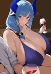  1boy 1girl animal_ears bare_shoulders black_bow blue_dress blue_eyes blue_hair blue_horns blue_pupils bow breast_press breasts cleavage closed_mouth coco_(setawar) commentary cow_ears cow_girl cow_horns cup dress drink english_commentary flying_sweatdrops gigantic_breasts hair_bow hair_intakes hair_over_shoulder highres holding holding_cup horns indie_virtual_youtuber jewelry lips long_hair looking_at_another low-tied_long_hair miilkywayz mole mole_beside_mouth mole_on_breast mole_under_eye mole_under_mouth motion_lines necklace out_of_frame shirt sideboob sideways_glance sitting sleeves_rolled_up smile solo_focus spaghetti_strap star_(symbol) star_necklace thighs virtual_youtuber white_shirt 