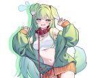 1girl animal_ears belt_buckle belt_collar blush breasts buckle cleavage collar commentary_request cowboy_shot dog_ears dog_girl dog_tail droopy_ears drop_shadow fang fingernails green_eyes green_hair green_nails green_tail hands_up highres jacket kemonomimi_mode korean_commentary large_breasts leash long_hair looking_at_viewer m_cream01 nail_polish navel no_pants open_clothes open_jacket open_mouth partially_unzipped purple_eyes raised_inner_eyebrows red_collar simple_background skin_fang solo sports_bra standing stellive stomach straight_hair sweat tail very_long_hair virtual_youtuber white_sports_bra yuzuha_riko zipper 