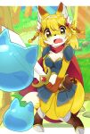  1girl animal_ear_fluff animal_ears armor blonde_hair blue_skirt blush boots breasts brown_boots cleavage commentary_request double-parted_bangs fox_ears fox_girl fox_tail full_body furry furry_female green_eyes hair_between_eyes highres holding holding_sword holding_weapon knee_boots letterboxed long_hair nose_blush open_mouth original outside_border pleated_skirt po!_(popoemo) skirt slime_(creature) solo standing sword tail tearing_up two-tone_fur weapon white_fur yellow_fur 