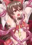  1girl absurdres armpits arms_up ascot blush bow breasts brown_eyes brown_hair clothes_lift commentary_request detached_sleeves frilled_bow frilled_hair_tubes frills fundoshi grabbed_by_tentacles hair_bow hair_tubes hakurei_reimu highres japanese_clothes long_hair medium_breasts navel no_bra red_bow red_skirt restrained ron_samu_jouji shirt_lift skirt skirt_set slime_(substance) steaming_body stomach tentacles tongue tongue_out torn_clothes touhou undone_ascot variant_set very_long_hair yellow_ascot 