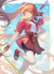  1girl armor bike_shorts bike_shorts_under_skirt bird black_shorts blue_sky bo_staff border brown_gloves brown_hair closed_mouth cloud commentary_request cropped_jacket eiyuu_densetsu estelle_bright fingerless_gloves floating_hair gloves hair_intakes hairband highres holding holding_behind_back holding_staff holding_weapon holding_weapon_behind_back jacket leather leather_gloves leg_up light_smile long_hair looking_at_viewer metal_hairband open_clothes open_jacket outside_border pauldrons red_eyes red_jacket red_skirt shirt shiyoi shoes short_sleeves shorts shorts_under_skirt shoulder_armor single_pauldron skirt sky sneakers socks solo sora_no_kiseki staff twintails upper_body very_long_hair weapon white_border white_shirt white_socks 