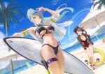 2girls 95_(jiuwujiang) absurdres beach beach_umbrella bikini black_hat blue_bikini blue_hair blue_sky breasts cleavage commentary cross-laced_bikini cross-laced_clothes english_commentary facial_mark flower girls'_frontline girls'_frontline_2:_exilium green_eyes hair_between_eyes hair_flower hair_ornament hat high_ponytail highres hk416_(girls'_frontline) holding holding_surfboard innertube klukai_(cerulean_breaker)_(girls'_frontline_2) klukai_(girls'_frontline_2) large_breasts lewis_(girls'_frontline) lewis_(girls'_frontline_2) lewis_(sunscreen_battle)_(girls'_frontline) long_hair looking_at_viewer multiple_girls navel official_alternate_costume one-piece_swimsuit one_eye_closed open_mouth outdoors ponytail purple_hair red_flower red_one-piece_swimsuit sand sandals sky smile surfboard swim_ring swimsuit teardrop_facial_mark thigh_strap umbrella visor_cap 