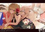  2girls :o ;o absurdres ass astra_yao beach bikini black_bikini blonde_hair bottle bottle_between_thighs breasts can coca-cola comiket_108 commentary drink_can evelyn_chevalier flower hair_flower hair_ornament highres large_breasts letterboxed long_hair lying malsuk multiple_girls on_back on_stomach one_eye_closed purple_eyes short_hair smile soda_can swimsuit thighs thong thong_bikini untranslatable_commentary v very_long_hair water_bottle white_bikini zenless_zone_zero 