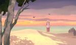  1boy brown_pants cloud ginko_(mushishi) hair_over_one_eye male_focus mi_(rokudenashi) mushishi outdoors pants shirt short_hair short_sleeves simple_bird smoking solo standing sunset tree white_shirt wide_shot 
