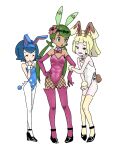  3girls blonde_hair blue_eyes blue_hair blue_leotard commentary_request dark-skinned_female dark_skin detached_collar elbow_gloves fishnet_pantyhose fishnets flower gloves green_eyes green_hair hair_ornament hairband high_heels highres lana_(pokemon) leotard lillie_(pokemon) long_hair mallow_(pokemon) multiple_girls nontraditional_playboy_bunny oakaki000 open_mouth pantyhose pink_leotard playboy_bunny playboy_pokemon pokemon pokemon_sun_and_moon short_hair thighhighs twintails white_background white_leotard white_pantyhose wrist_cuffs 