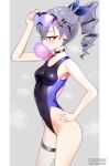 1girl black_choker blowing_bubble_gum blue_ribbon breasts chewing_gum choker competition_swimsuit covered_navel goggles goggles_on_head grey_eyes grey_hair hand_on_own_hip highres honkai:_star_rail honkai_(series) looking_to_the_side maguro27 one-piece_swimsuit one_side_up ponytail ribbon silver_wolf_(honkai:_star_rail) skin_tight small_breasts solo swimsuit 