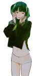  1girl black_serafuku blunt_bangs byakugun clothes_lift cowboy_shot green_hair hand_in_own_hair hands_up highres light_smile lips long_hair long_sleeves looking_to_the_side midriff navel original red_eyes school_uniform serafuku shirt_lift short_shorts shorts sketch solo two_side_up 