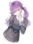  1girl ahoge black_skirt black_sweater blue_eyes braid butterfly_hair_ornament collared_shirt commentary_request cropped_legs cropped_sweater dress_shirt ear_piercing finger_to_own_chin gakuen_idolmaster gokugetsu_gakuen_school_uniform hair_ornament high-waist_skirt highres idolmaster kaya_rinha long_hair long_sleeves looking_at_viewer piercing purple_hair raised_inner_eyebrows school_emblem school_uniform shirt simple_background skirt smile solo sweater twintails white_background yuanagae 