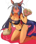 1girl absurdres animal_ears animal_hands bell black_bra black_hair black_panties blush bra breasts cat_cutout cat_ear_panties cat_lingerie cleavage cleavage_cutout clenched_teeth clothing_cutout commentary_request dark-skinned_female dark_skin ear_scrunchie fang frilled_bra frills gloves hair_between_eyes hair_ornament hairclip head_steam highres hishi_amazon_(umamusume) horse_ears horse_girl horse_tail jingle_bell large_breasts long_hair looking_at_viewer navel neck_bell open_mouth panties paw_gloves red_eyes red_scrunchie rottenorang scrunchie side-tie_panties smile solo stomach striped_clothes striped_scrunchie tail teeth umamusume underwear very_long_hair 