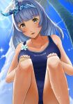  1girl absurdres bandaid bandaid_on_knee bandaid_on_leg blue_hair blue_headband blue_one-piece_swimsuit blunt_bangs breasts commentary_request flower grey_eyes hands_on_own_knees headband highres looking_at_viewer medium_hair mo_yako one-piece_swimsuit palm_tree parted_lips persona persona_5 persona_5:_the_phantom_x sawara_miyu solo squatting swimsuit tree wet 