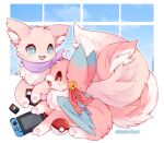  :3 absurdres animal_ear_fluff animal_focus artist_name bell blue_background blue_eyes blue_sky blue_wings blush chiko_(mew_mew_chikorita_moon) cloud commentary day eye_contact facial_mark fang feathered_wings fluffy from_side full_body hair_bell hair_ornament hair_ribbon handheld_game_console happy highres indoors jingle_bell light_blush looking_at_another lying mew_mew_chikorita_moon neck_fur nintendo_switch no_humans nose_blush on_stomach open_mouth original outline poke_ball poke_ball_(basic) pokemon pokemon_(creature) profile red_eyes red_ribbon ribbon sideways_mouth sitting sky smile tail untranslatable_commentary white_outline window wings 