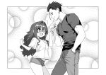  1boy 1girl absurdres blush breasts chomesuke_(maorisu_henkyo_haku) commentary_request eyepatch greyscale hair_intakes height_difference highres long_hair looking_at_another maorisu_henkyo_haku monochrome open_mouth original short_shorts shorts small_breasts smile 