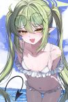  1girl :d absurdres arms_behind_back bikini blue_archive blue_sky breasts cloud commentary day demon_tail earrings eyewear_on_head fang frilled_bikini frills green_hair green_halo hair_between_eyes halo highres jewelry kkato leaning_forward long_hair navel nozomi_(blue_archive) ocean open_mouth pointy_ears round_eyewear skin_fang sky slit_pupils small_breasts smile solo stomach swimsuit tail twintails untranslatable_commentary very_long_hair white_bikini yellow_eyes 