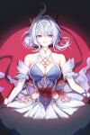  1girl ballerina bare_shoulders black_background blood blood_on_clothes blue_dress breasts collarbone commentary detached_sleeves dress english_commentary genshin_impact grey_hair hair_intakes hair_up highres large_breasts looking_at_viewer odette_(genshin_impact) purple_eyes skirt solo soymilk_arts2 spotlight straight-on strapless strapless_dress white_mouth white_skirt white_sleeves 