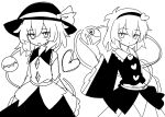  2girls bow buttons closed_mouth collared_shirt commentary_request diamond_button disembodied_linked_eye e.o. expressionless eyeball frilled_shirt_collar frilled_sleeves frills greyscale hair_ornament hairband hat hat_bow heart heart_button heart_hair_ornament heart_of_string highres komeiji_koishi komeiji_satori long_sleeves medium_hair monochrome multiple_girls open_mouth shirt siblings sisters skirt touhou wide_sleeves 