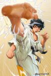  1girl absurdres artist_name barefoot black_hair breasts choker clenched_hand commentary english_commentary feet foot_focus highres hotkeysx kicking makoto_(street_fighter) open_mouth red_sports_bra ribbon_choker short_hair solo sports_bra street_fighter toes twitter_username 