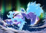  1girl aurora blue_lips blue_mask blue_skin colored_skin commentary covered_eyes digimon digimon_(creature) english_commentary fox half_mask highres japanese_clothes kimono long_hair long_sleeves mask night no_panties ocarianya purple_kimono side_slit snow snowing solo star_(sky) white_hair wide_sleeves yuki_onna yukinamon 